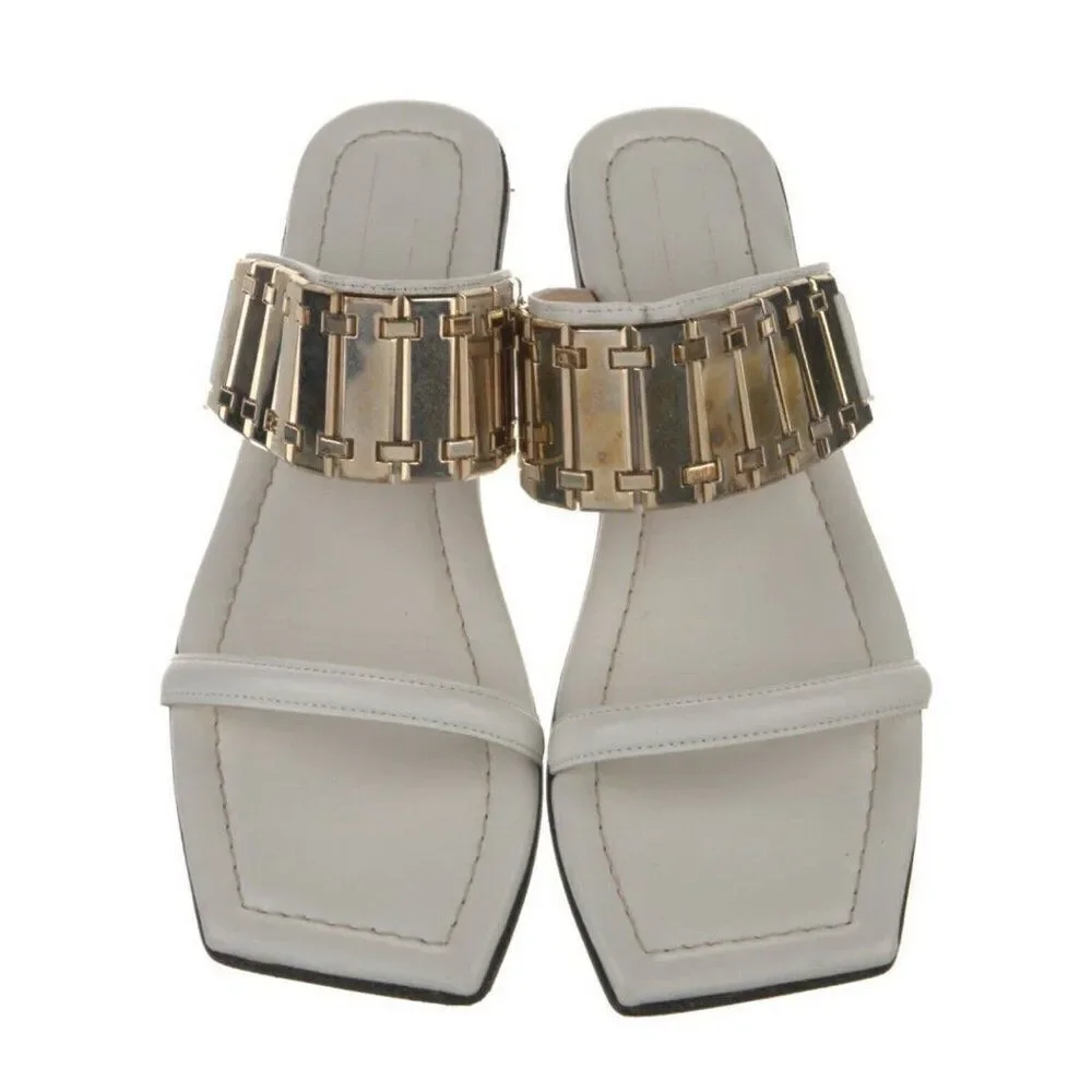 Lanvin White and Gold Leather Slide Sandals